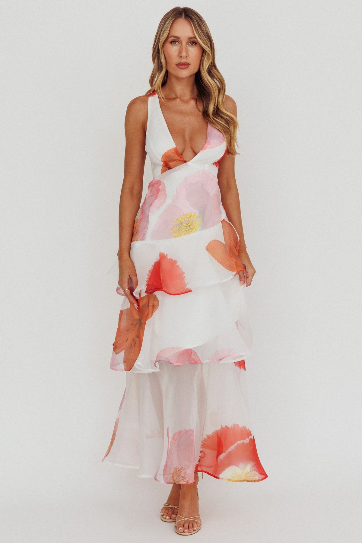 Veda Strappy Back Ruffle Maxi Dress Flowers Pink