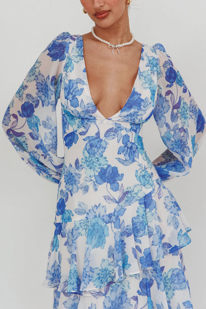 Veda Long Sleeve Floral Tiered Ruffle Maxi Dress Blue