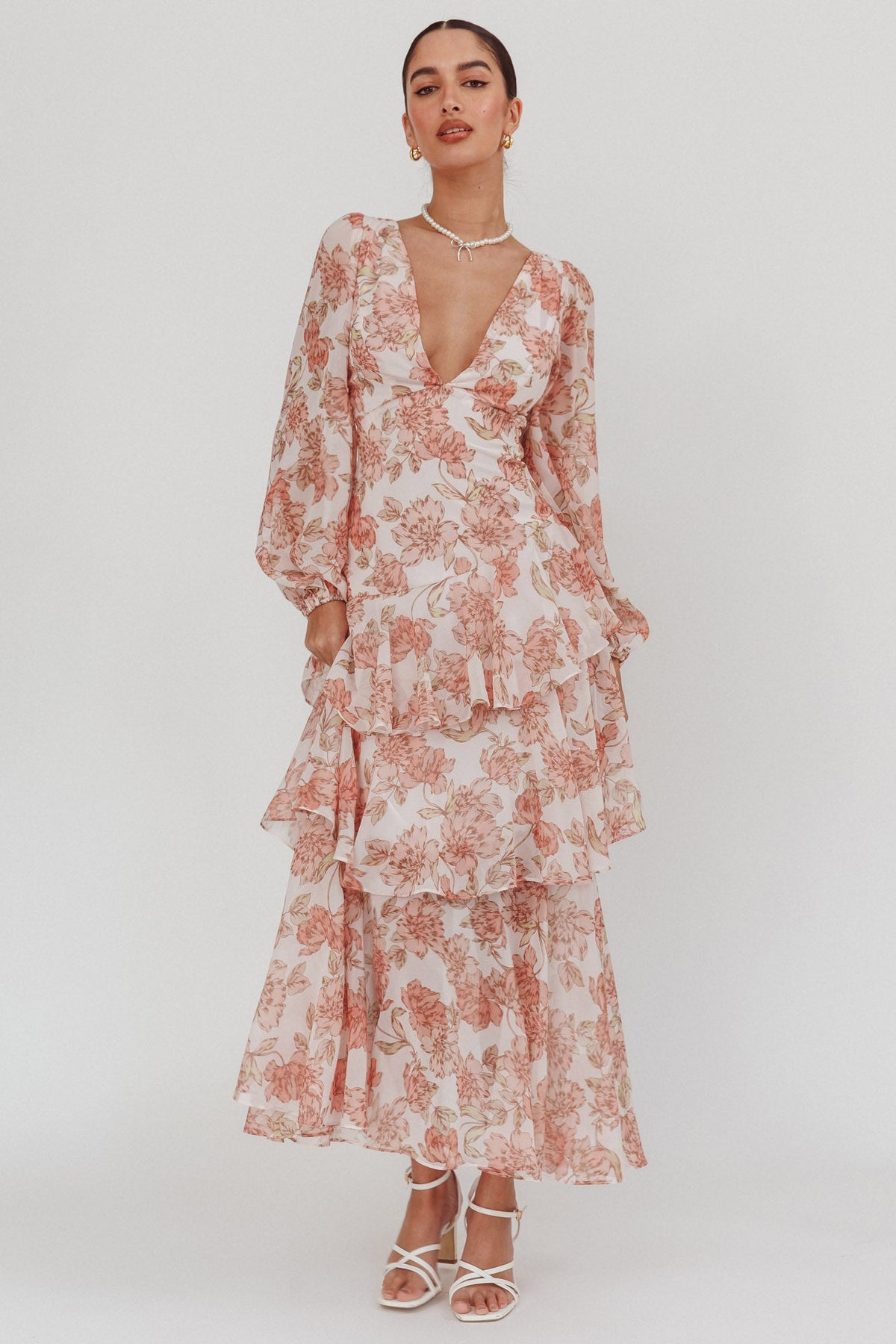 Veda Long Sleeve Floral Tiered Ruffle Maxi Dress Peach