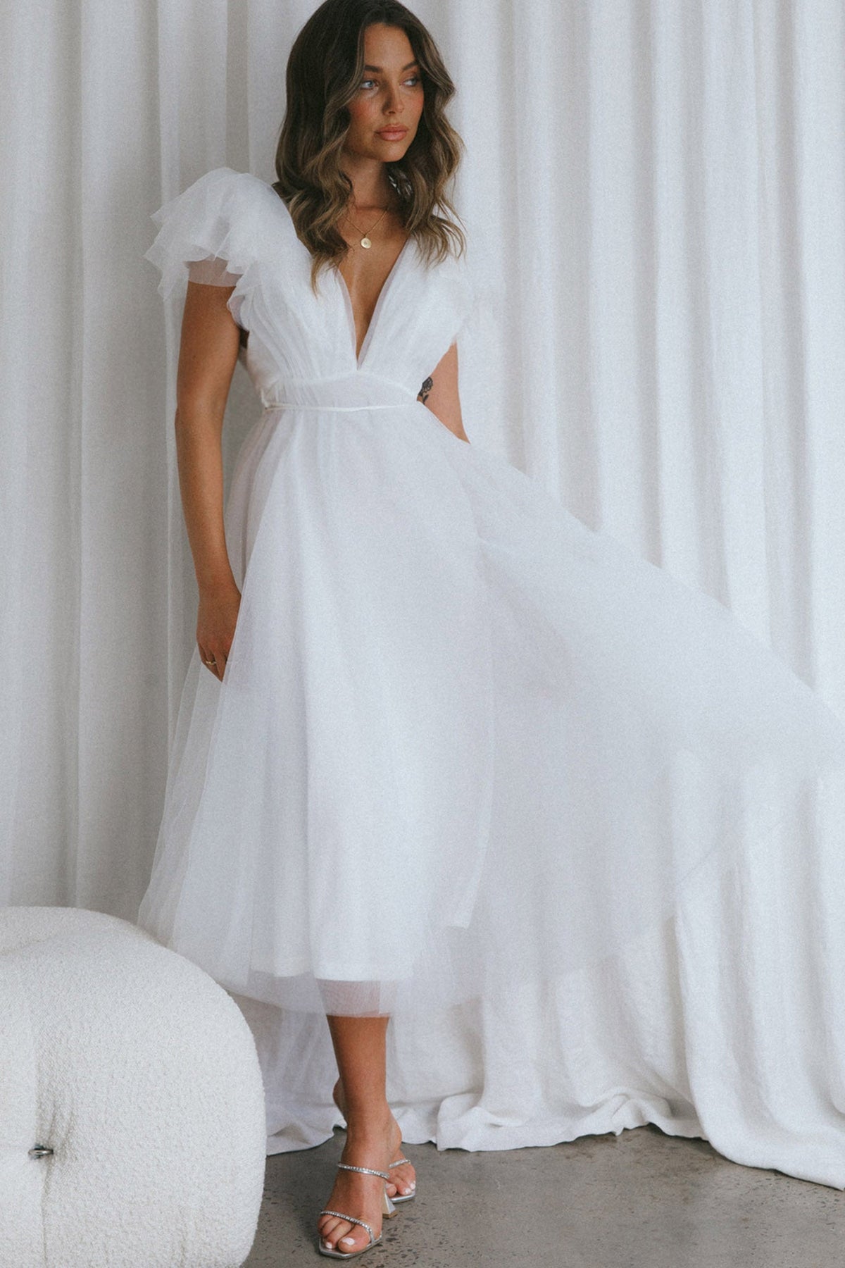 Leap Of Faith Frill Shoulder Tulle Midi Dress White
