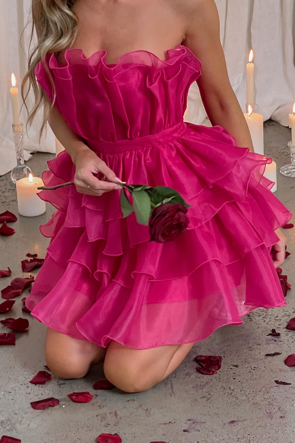 Bon Bon Tiered Chiffon Mini Dress Fuchsia