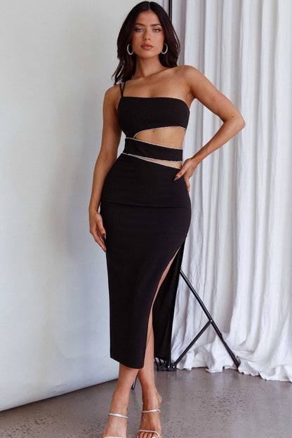 Raye Cut-Out Waist Rhinestone Midi Dress Black