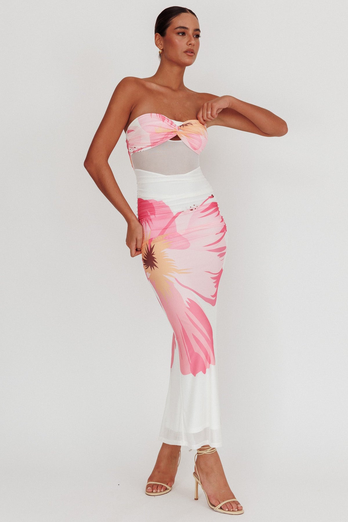 Oliana Sheer Waist Floral Maxi Dress White