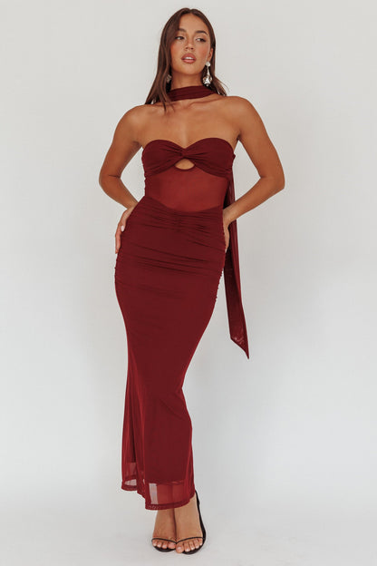 Oliana Strapless Mesh Maxi Dress Wine