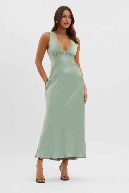 Ivonne Lace Trim V-Neck Maxi Dress Sage