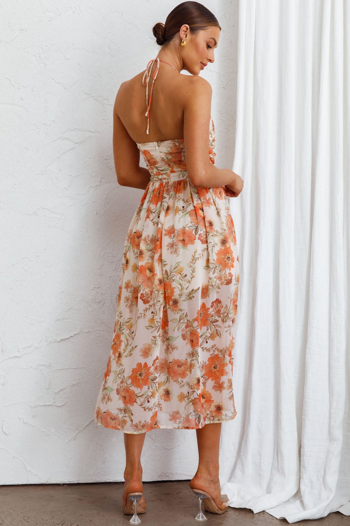 Los Feliz Tied Bust Halterneck Midi Dress Floral Beige