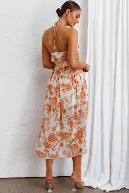 Los Feliz Tied Bust Halterneck Midi Dress Floral Beige