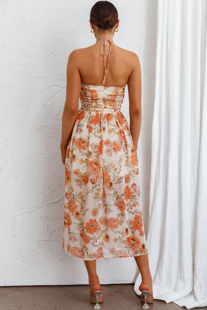 Los Feliz Tied Bust Halterneck Midi Dress Floral Beige
