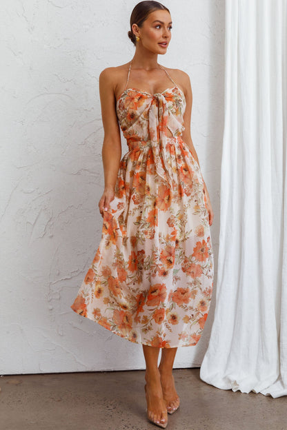 Los Feliz Tied Bust Halterneck Midi Dress Floral Beige