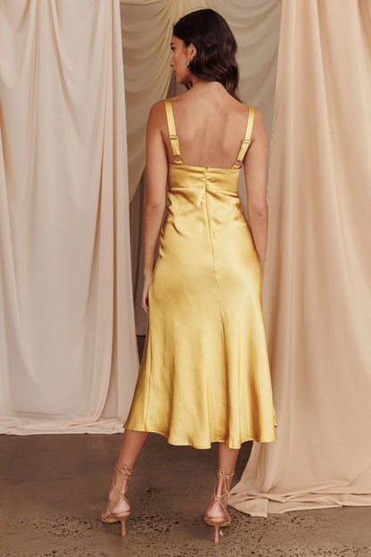 Perfect Day Satin Midi Dress Mustard