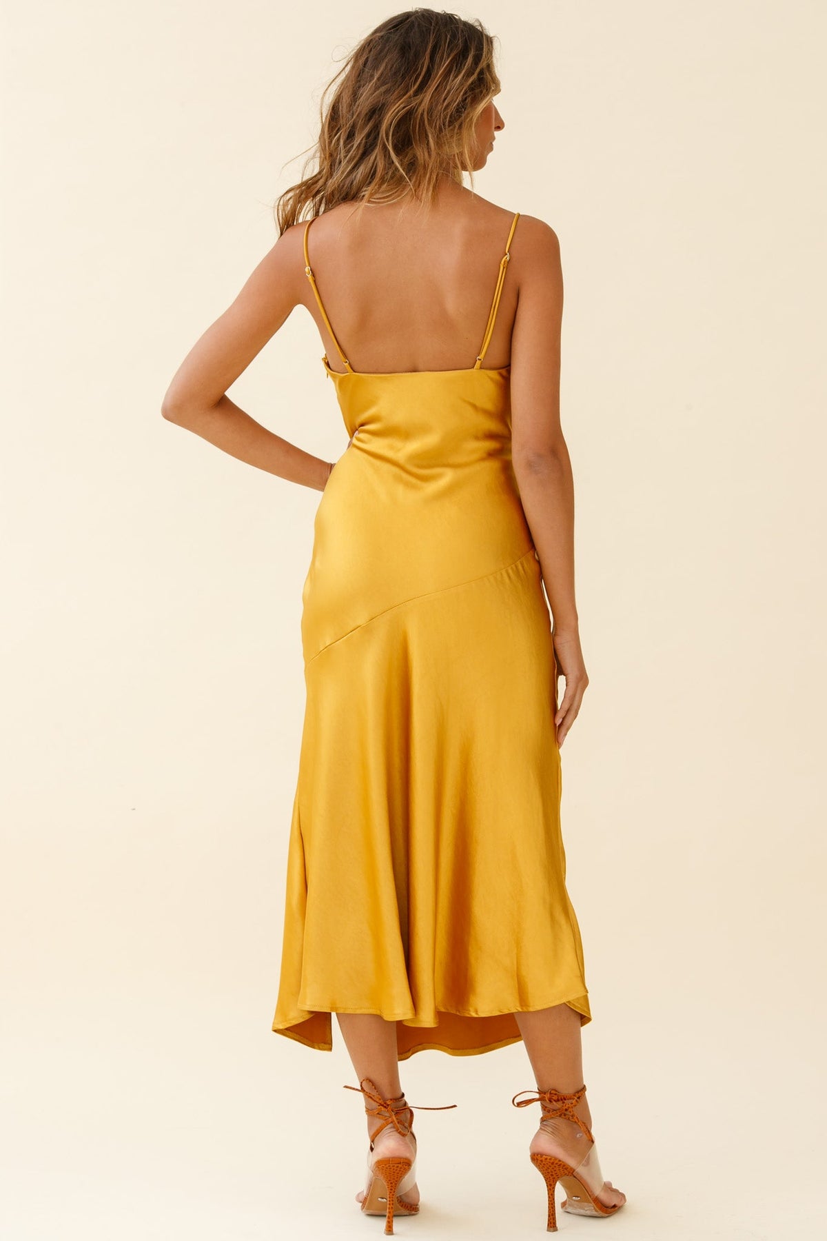 Downtown Cami Strap Front Split Midi Dress Mustard