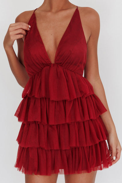 Auguste Tiered Frill Mini Dress Burgundy