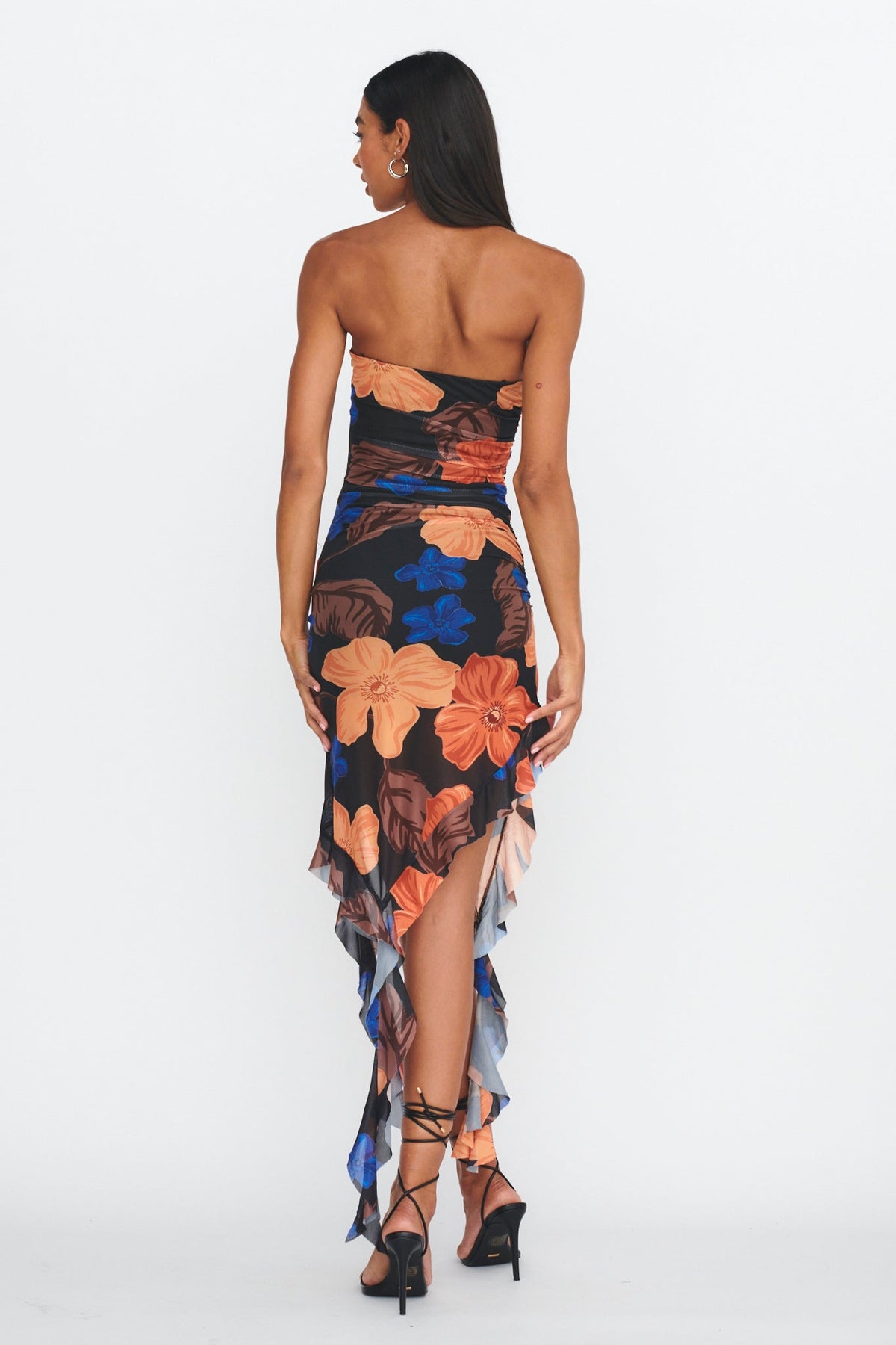 After Party Ruffle Trim Midi Dress Floral Black