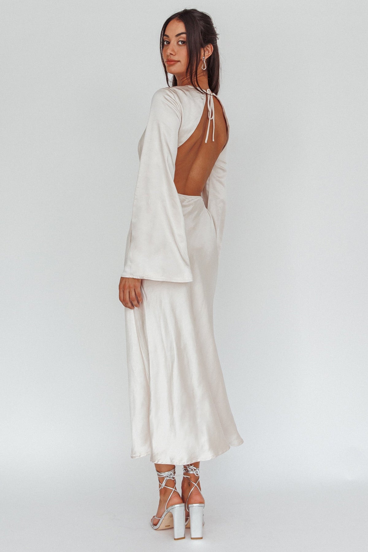 Doting Bell Sleeve Cut-Out Midi Dress Champagne