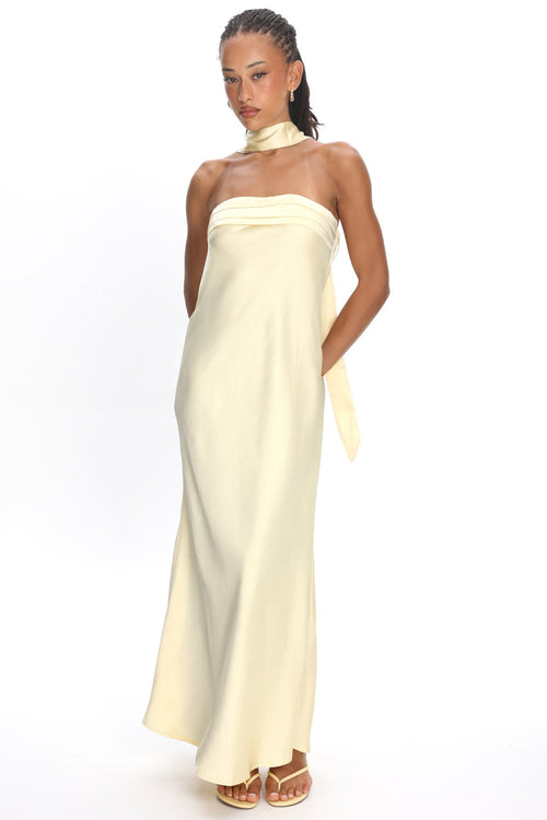 Kona Strapless Pleated Bust Satin Maxi Dress Butter