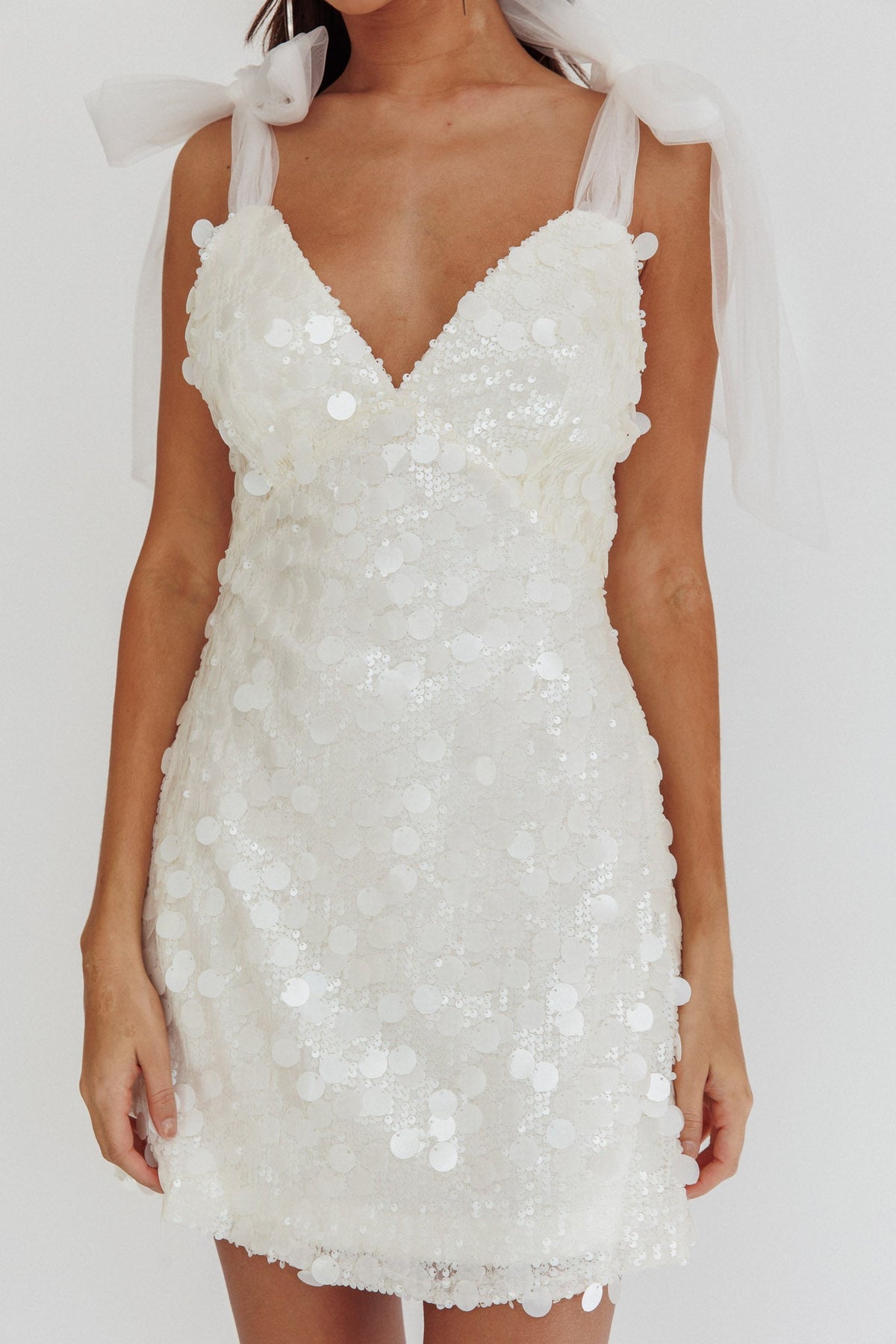 Mykonos Morning Tied Shoulder Sequin Mini Dress White