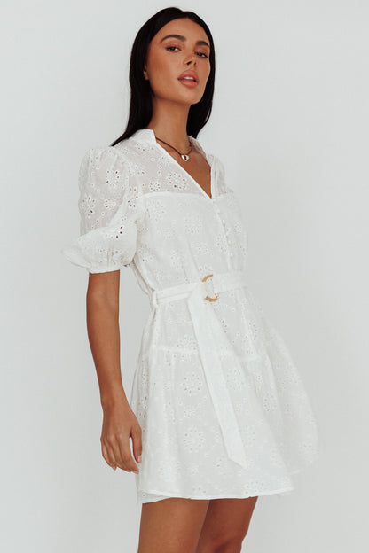 Serita Belted Puff Sleeve Eyelet Mini Dress White