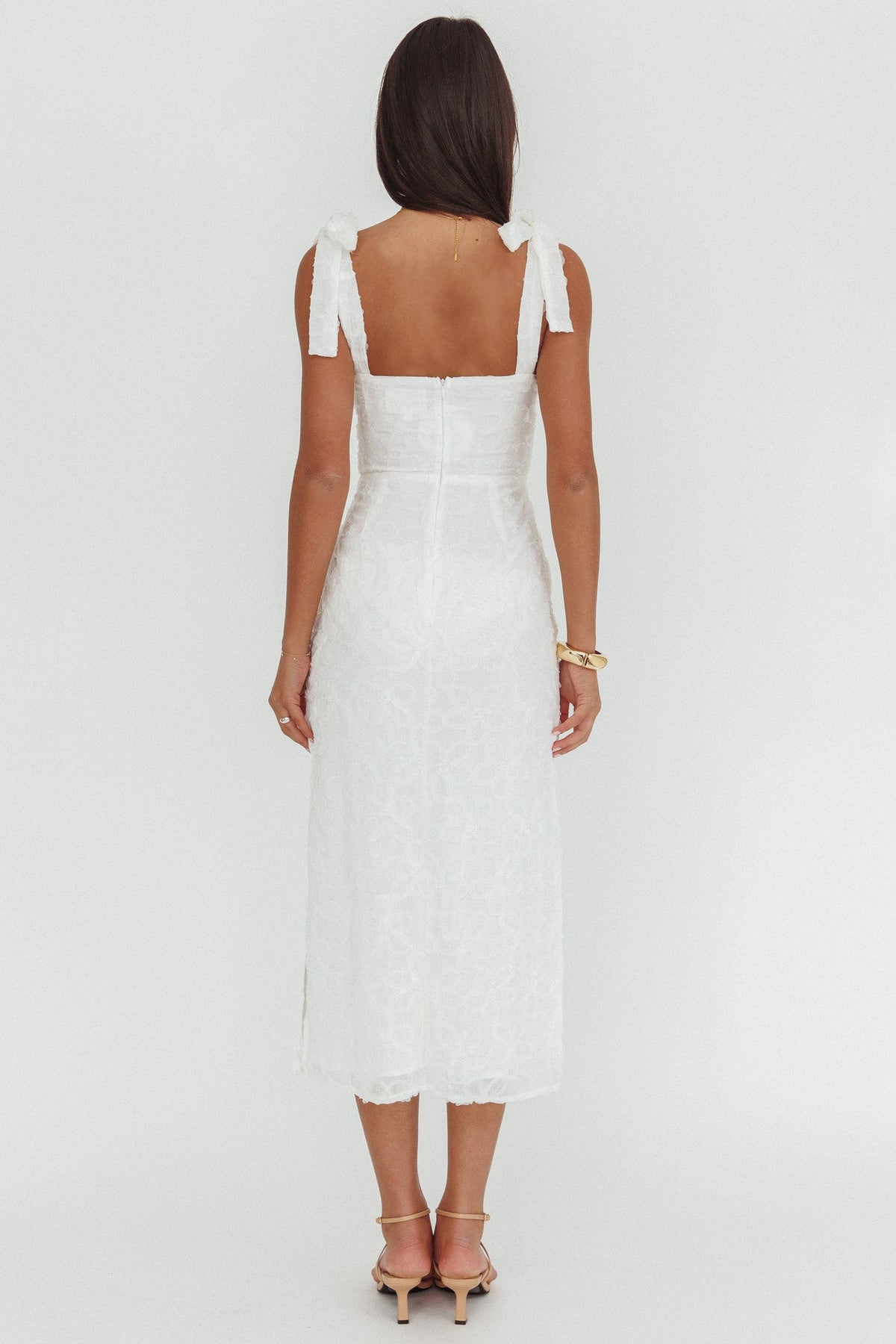 Cupid Tied Shoulder Embellished Midi Dress White