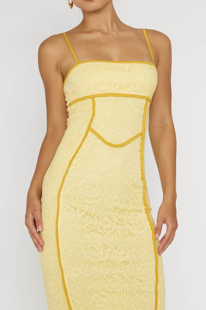 Inga Lace Piping Trim Midi Dress Yellow