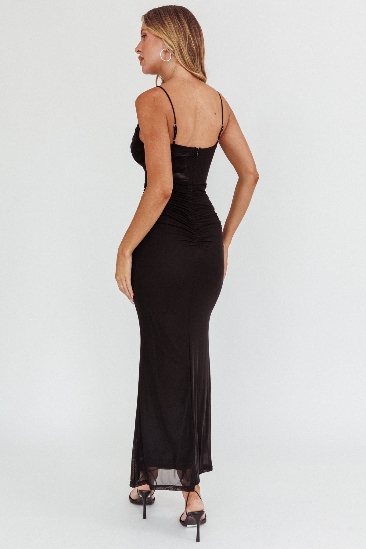 Morella Ruched Waist Mesh Maxi Dress Black