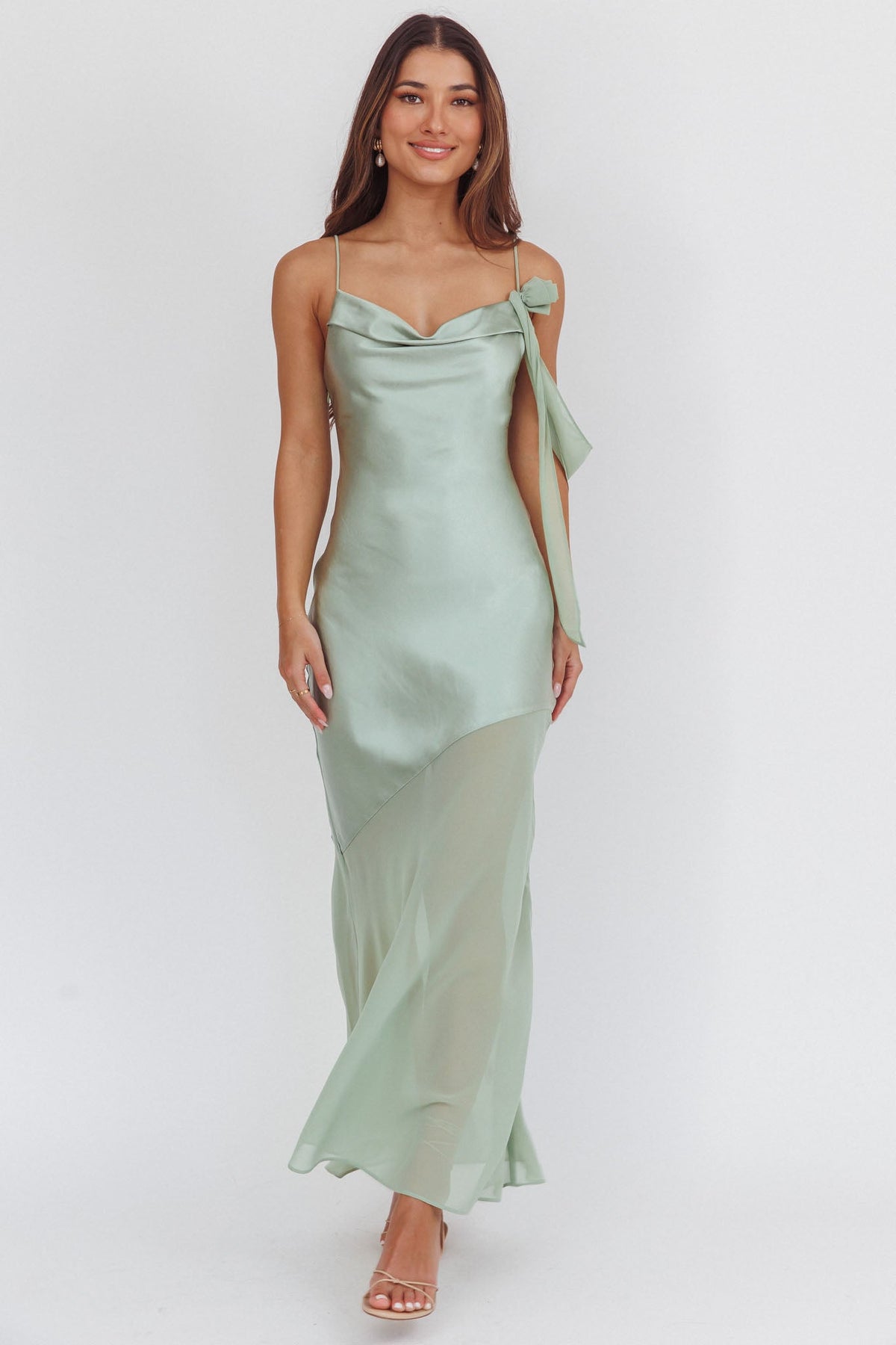 Gilded Dream Shoulder Detail Chiffon Hem Maxi Dress Sage
