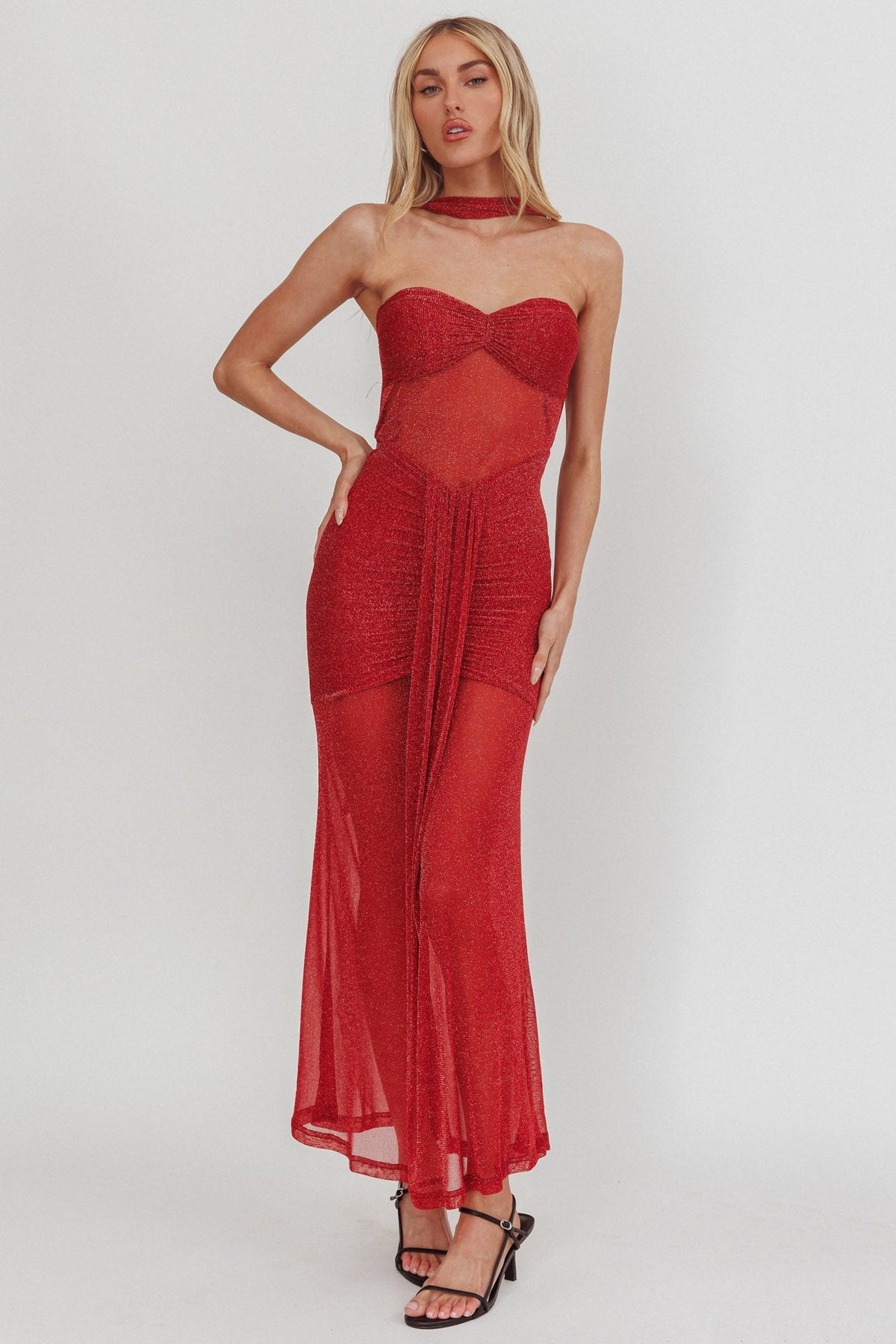 Elma Bandeau Sheer Shimmer Maxi Dress Red