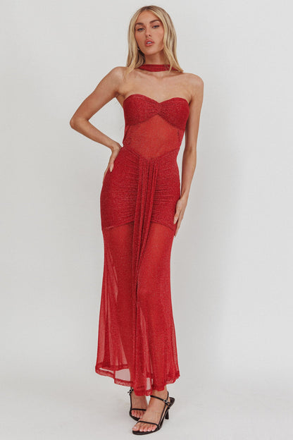 Elma Bandeau Sheer Shimmer Maxi Dress Red