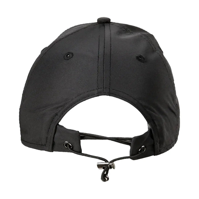 A black cap is shown from the back with an adjustable strap and fastening mechanism visible the context suggests it is designed for sports or outdoor activities.
