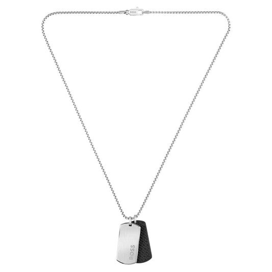 BOSS by Hugo Boss Jewellery Stainless Steel & Black Leather Men's Pendant With Chain Necklace - 1580760