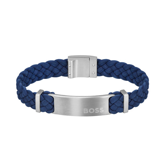 BOSS by Hugo Boss Jewellery Stainless Steel & Navy Leather Men's Bracelet - 1580609M