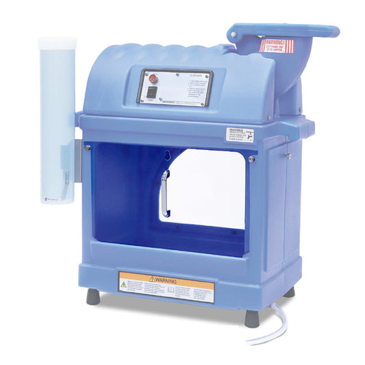 Sno-kone machine, dark blue with plexiglass windows, and rubber feet, back view showing cup dispenser highlighted and optional door kit highlighted