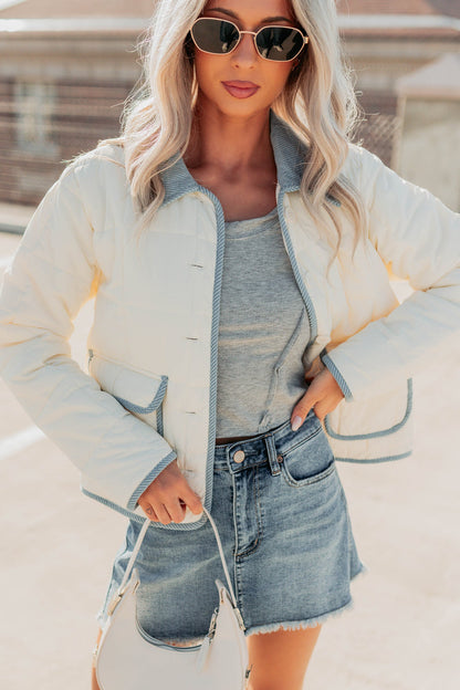 Chasing Dreams Contrast Seam Puffer Jacket (Ecru)