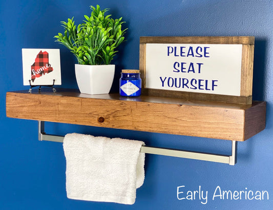 Early American Floating Shelf - Square Satin Nickel Towel Bar