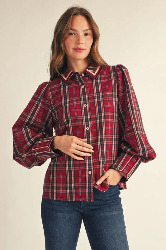 EMBROIDERY ACCENT BUTTON DOWN PLAID TOP - RED