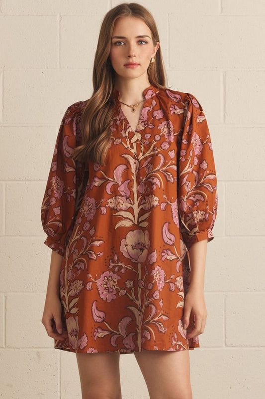 FLORAL PRINT 3/4 SLEEVE MINI DRESS - RUST