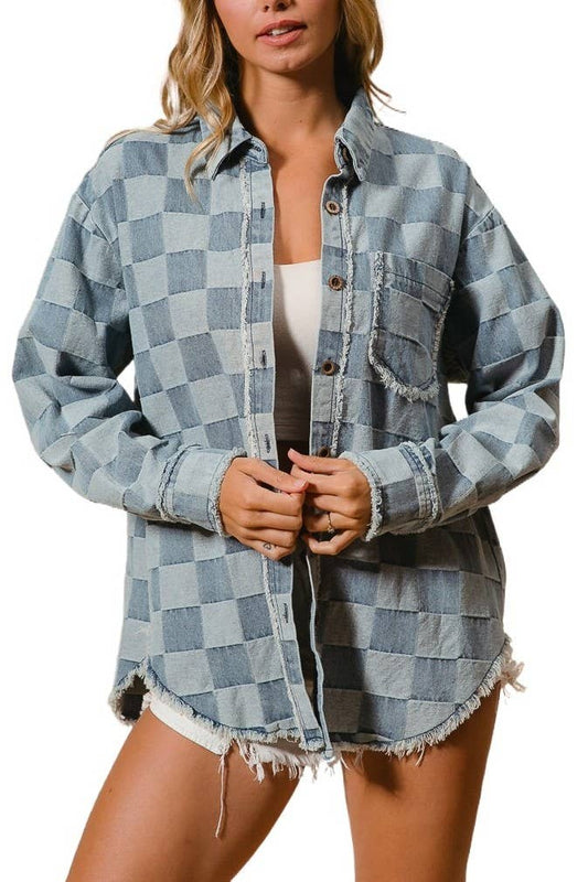 Frayed Edged Washed Denim Checker Jacket