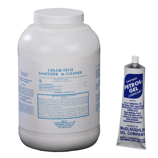 jug of sanitizer and cleaner and tube of gel