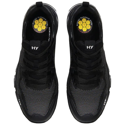 Black athletic shoes are positioned in an overhead view with visible laces and a padded interior featuring a colorful logo highlighting "Energy Rebound Pods" and "Memory Foam" in the sole.