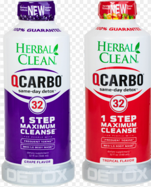 Herbal Clean QCarbo 32 oz Detox - Powerful herbal detox drink available in grape and tropical flavors, designed for same-day cleansing.
