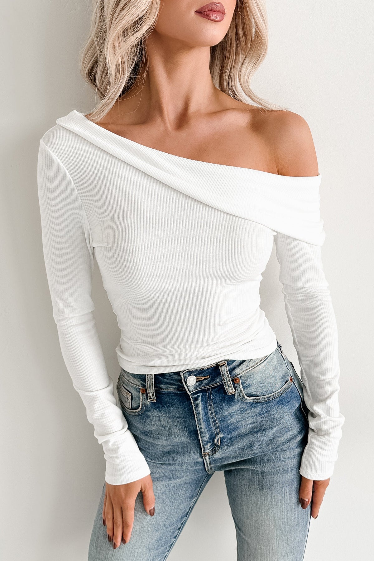Luxe Basics One Shoulder Ribbed Top (Off-White)