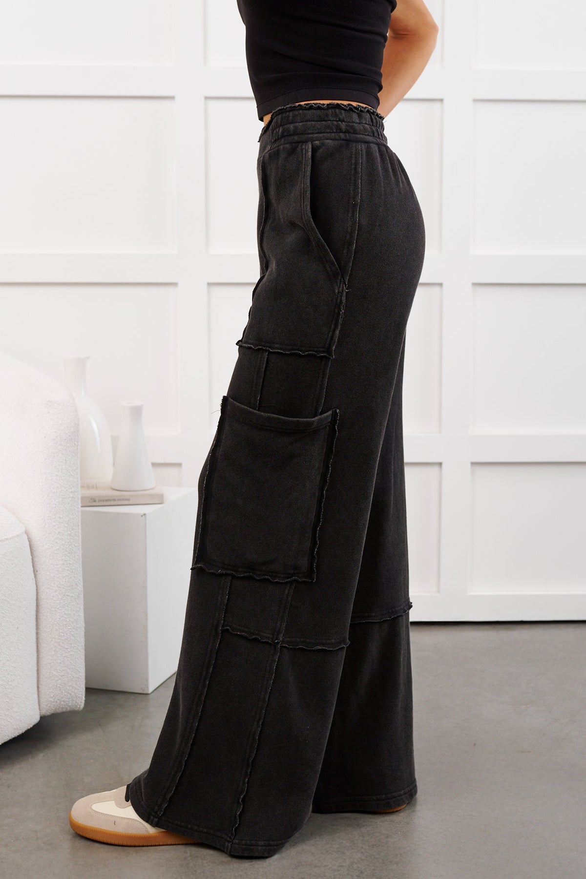Mellow Hours Cargo Wide Leg Lounge Pants (Black)