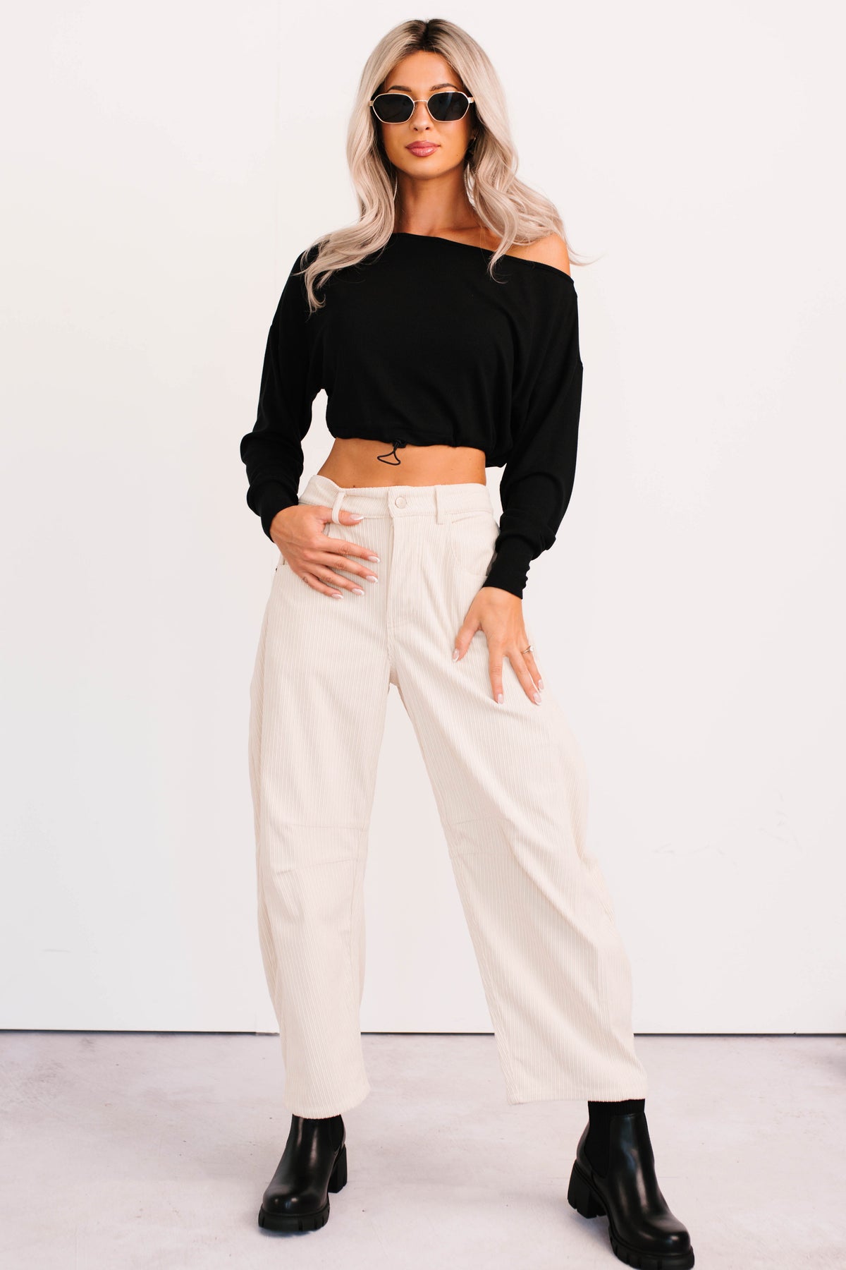 Glow Up Goals Ribbed Off The Shoulder Crop Top (Black)