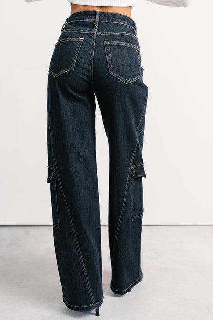 Crosby Wide Leg Mica Denim Cargo Jeans (Dark Wash)