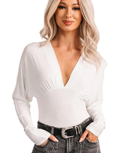 Last Looks Plunging V Neck Long Sleeve Bodysuit (Ivory)