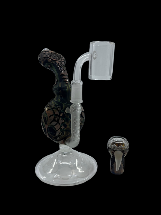 Liberty 503 Mini Sandblasted Disc Rig with disc percolator for smooth hits. Compact, functional, and beautifully crafted with colored accents, ideal for concentrates.