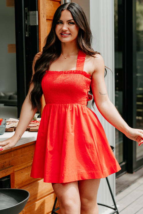 Across The Room Smocked Mini Tie Dress (Tomato)