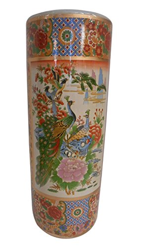 Oriental Furnishings 22" H Satsuma Porcelain Umbrella Stand Painted Peacock