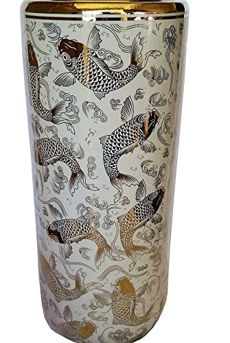 Oriental Furnishings Porcelain Umbrella Stand Gold Fish on White Glazez
