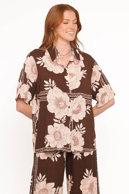 Bernadine Short Sleeve Shirt - Brown Floral