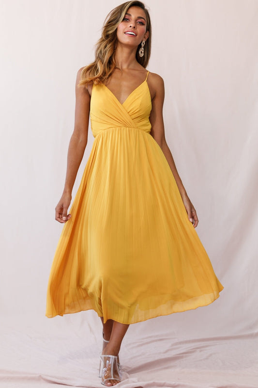 Artemis Accordion Pleat Strappy Back Midi Dress Mustard